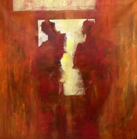 Flot farverigt og spændende maleri med stof til eftertanke, hvor man ser to mennesker ved et vindue