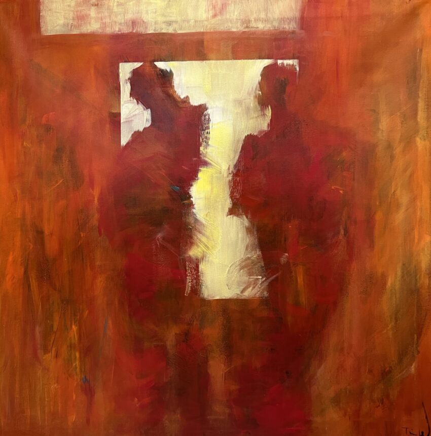 In the light Flot farverigt og spændende maleri med stof til eftertanke, hvor man ser to mennesker ved et vindue