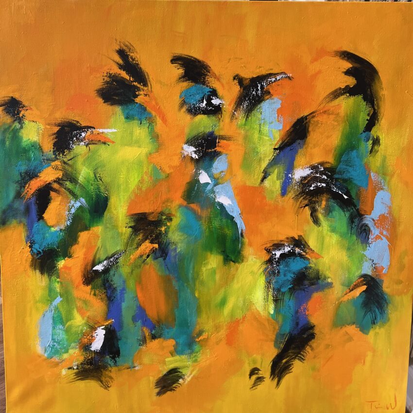 Abstraktion i farver Varmt abstrakt maleri 100 x 100 cm i dejlige skønne farver. Nogle vil se fugle eller dyr - andre blot flotte farver i dette abstrakte maleri