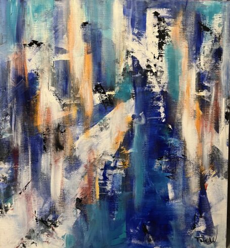 Flot abstrakt maleri i blåt, sort og hvidt med masser af dybde og perspektiv
