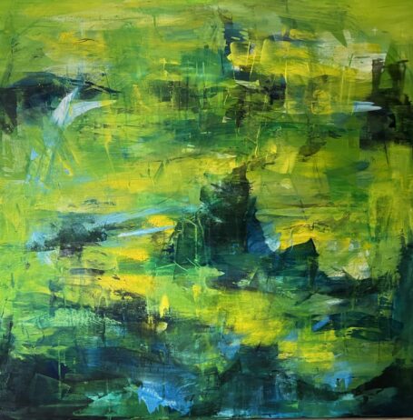 De grønne bjerge Stort abstrakt maleri i grønt med masser af dybde og udsyn 100 x 100 cm