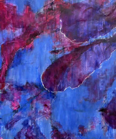 Blade på grenen Abstrakt maleri i smukke blå, røde og lilla nuancer, kan ligne en fortolkning af et kirsebærtræ