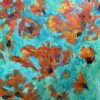 Frø spredes i vinden Smukt abstrakt maleri med abstrakte orange røde blomster på turkis blå baggrund