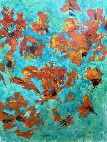 Frø spredes i vinden Smukt abstrakt maleri med abstrakte orange røde blomster på turkis blå baggrund