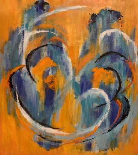 I bevægelse Halv abstrakt maleri i akrylmaling med masser af dans og bevægelse, hvor2 blå ekspressive figurer skimtes i dans