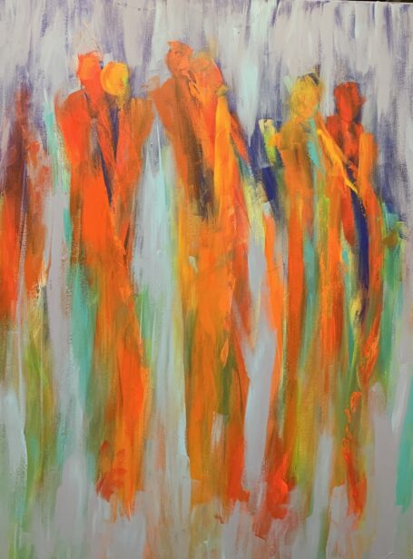 Abstrakt maleri med mennesker, der danner par i blå og orange farver