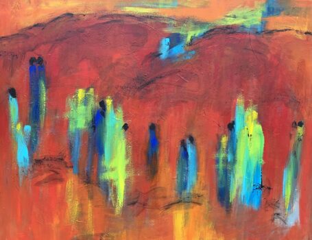 Stort flot abstrakt maleri, der ligner et rødt landskab. De dynamiske penselstrøg i blå, gul og grøn kan være mennesker i en farverig verden.