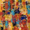 Den levende by Farverigt abstrakt maleri med rytmisk komposition i røde, blå og orange farver.