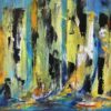 På vej Aflangt stort abstrakt maleri i farver: grøn, blå, hvid og sort. Man fornemmer en skyline og vandet med både - måske New York.