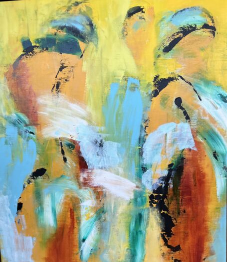 I egne tanker - sammen med dig Abstrakt maleri i klare lyse farver, hvor man fornemmer 2 måske 3 mennesker, der står og betragter verdenen.
