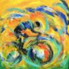 Blæsevejr Abstrakt og farverigt maleri af cyklist i modvind med masser af bevægelse i himlen