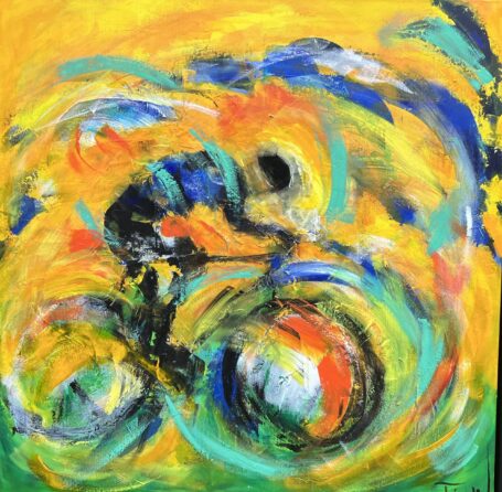 Abstrakt og farverigt maleri af cyklist i modvind med masser af bevægelse i himlen