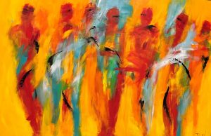 På vej Stort abstrakt maleri i varme farver til over sofaen i 100 x 150 cm