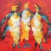 Flot maleri i glade farver, hvor man på en rød baggrund ser 3 sirener - der ligner pingviner, der står med vingerne om hinanden og synger