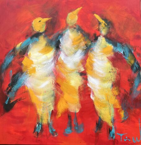 Flot maleri i glade farver, hvor man på en rød baggrund ser 3 sirener - der ligner pingviner, der står med vingerne om hinanden og synger