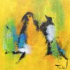 Bird song Abstrakt maleri i varme gule, grønne og blå farver, hvor man ser tre fugle - muligvis pingviner.