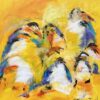What about us Kvadratisk gult maleri med kklare farver, abstrakt maleri og samtidig kan man se pingviner i af forskellig størrelse og art.
