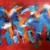 Maskespil Powerfuldt maleri i røde og blå nuancer. Maleriet er abstrakt men nogle vil se 4 figurer i blåt. Selv synes jeg, det kan ligne abstrakte fugle.