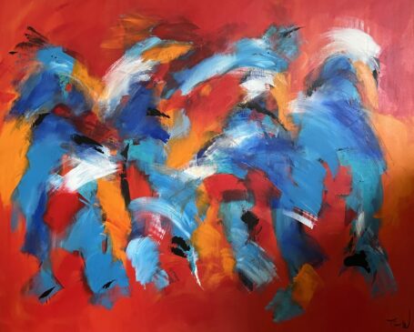 Maskespil Powerfuldt maleri i røde og blå nuancer. Maleriet er abstrakt men nogle vil se 4 figurer i blåt. Selv synes jeg, det kan ligne abstrakte fugle.