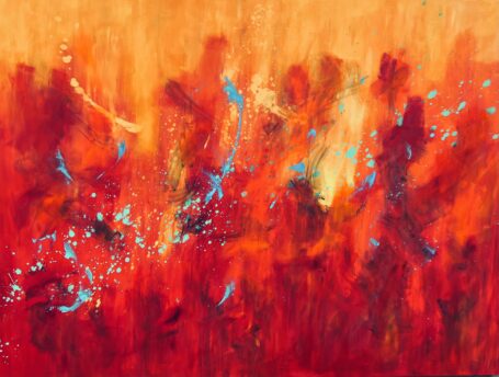 Når gnisterne fænger Kæmpe stort maleri i varme farve med bevægelse, rytme og energi - det kan være dansende flammer, gløder der tændes og mennesker toner frem