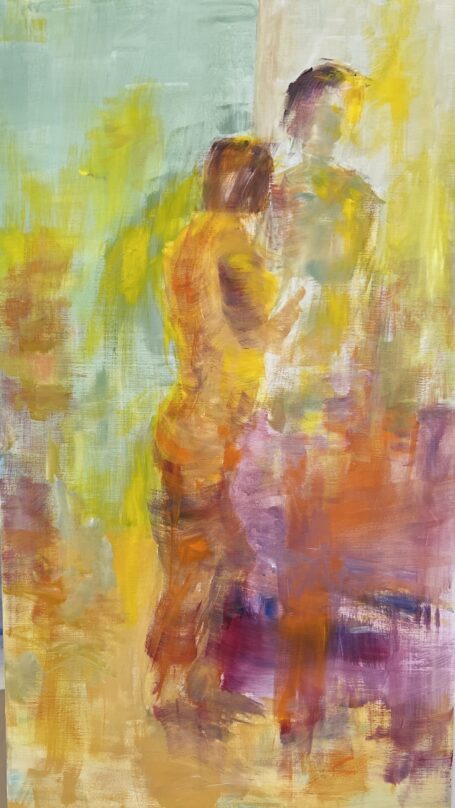 Parafrase over Bonnard Aflangt maleri i smukke harmoniske farver, som er inspireret af Bonnards maleri kvinde ved spejlet