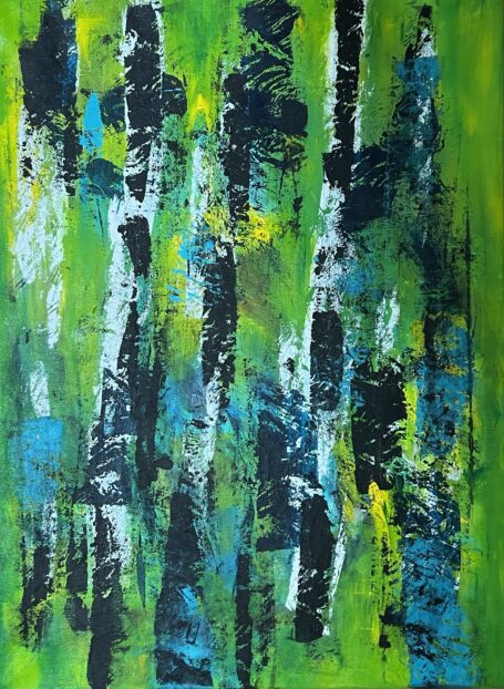 I skovens dybe stille ro Dejlig sommerstemning i dette maleri kombineret med tryk, hvor man måske selv danner træer i skovens ro