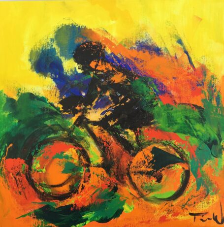 Cykelsport - Maleri af cyklinst på racercyklen i dejligt vejr