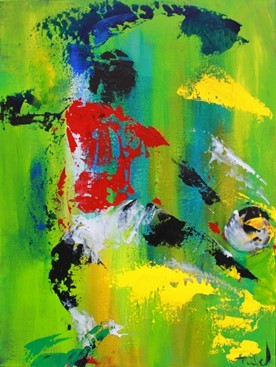 Landskamp, maleri med fodboldspiller i færd med at sparke til bolden