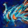 Se min fjerpragt Blå fugl med fjer Abstrakt maleri i klare jordfarver - blå og brune nuancer, hvor man muligvis kan se en smuk fugl, der puster fjerdragten op