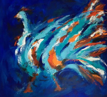 Abstrakt maleri i klare jordfarver - blå og brune nuancer, hvor man muligvis kan se en smuk fugl, der puster fjerdragten op