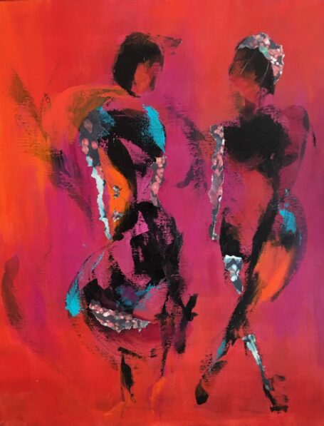 Maleri med dansere i varme farver med to danser med masser af bevægelse og farver pris kr. 3.800