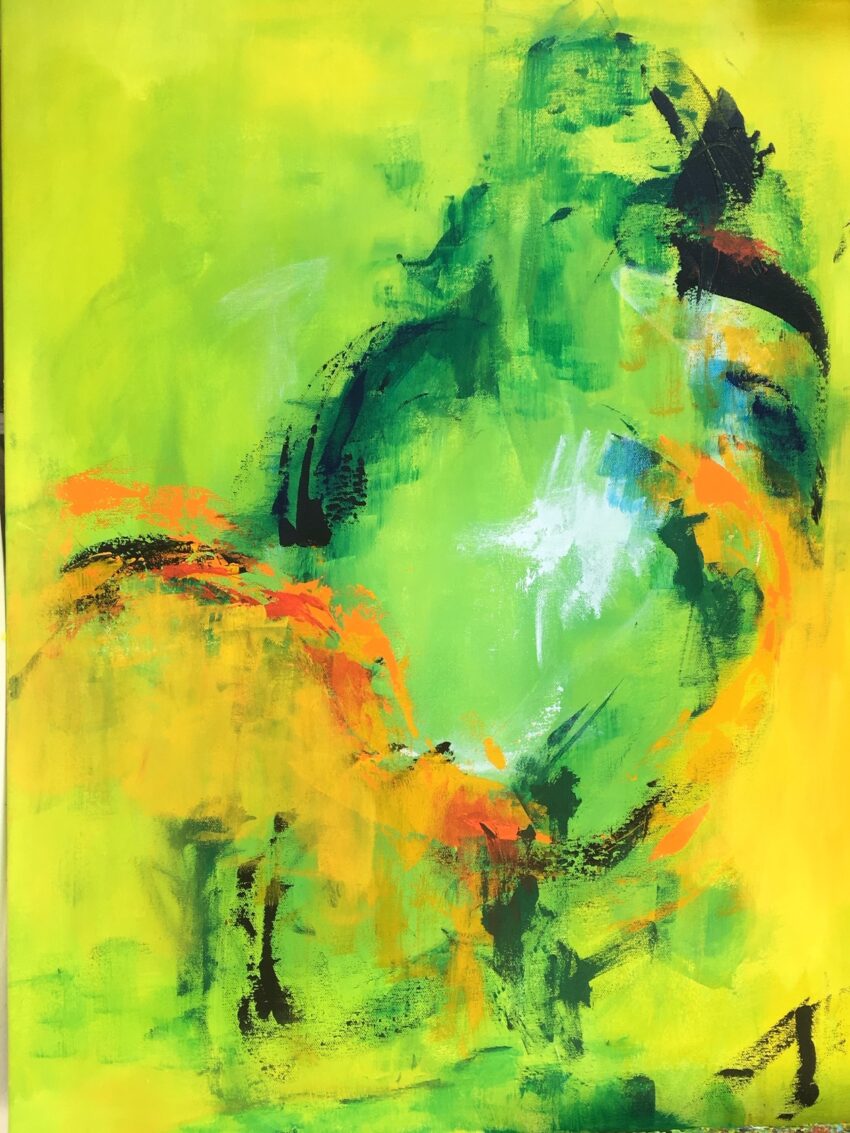 Akrylmalerier i klare farver med fugle i grønne og gule farve. Et abstrakt dyremaleri.