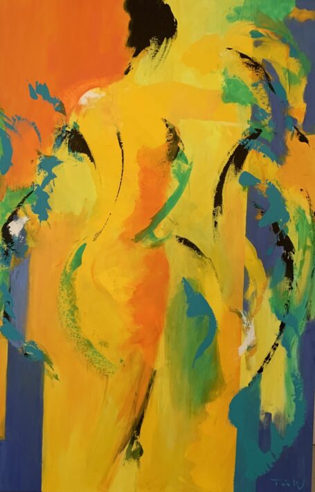 There is no sunshine before she comes Livsbekræftende maleri af kvinde fra ryggen. Farverne er Matisse inspireret og danner både farverige blomster og tapet, som løber sammen med en dejlig rumeffekt og dybde.