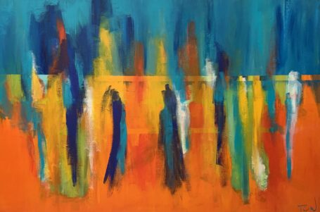 Abstrakt maleri, hvor de farveintense penselstrøg danner mennesker, der bevæger sig på vej i et fodgængerfelt mod nye oplevelser.