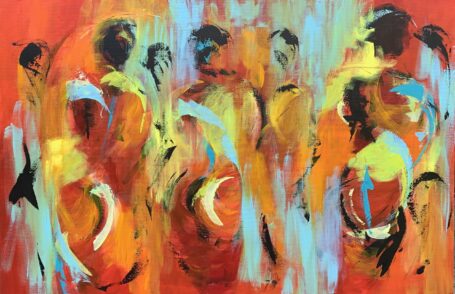 Spændende halvabstrakt maleri, hvor farverne både damler og danner nye rum. Nogel ser mennesker, der danser. Selv har jeg haft farverige tanker om min sociale boble. Ja, det er lavet under Corona.