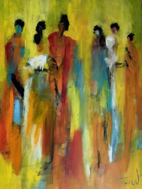 Standing together Stemningsfuldt maleri hvor forskellige skikkelser står sammen. Alle med forskellig hudfarve og klædedragt.