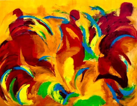 Stort farverigt og abstrakt maleri af mennesker i løb 150 x 200 cm.