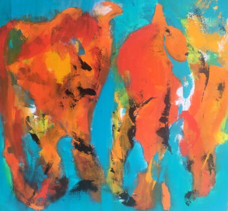Abstrakt moderne maleri i farver, hvor man muligvis ser dyr kvadratisk form 80 x 80 cm pris kr. 7.800