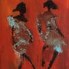 Veninder Lille dansemaleri. På en farverig rød baggrund ses to dansende kvinder i lyseblå kjoler. Jeg har kaldt maleriet Veninder. Det måler 25 x 18 cm