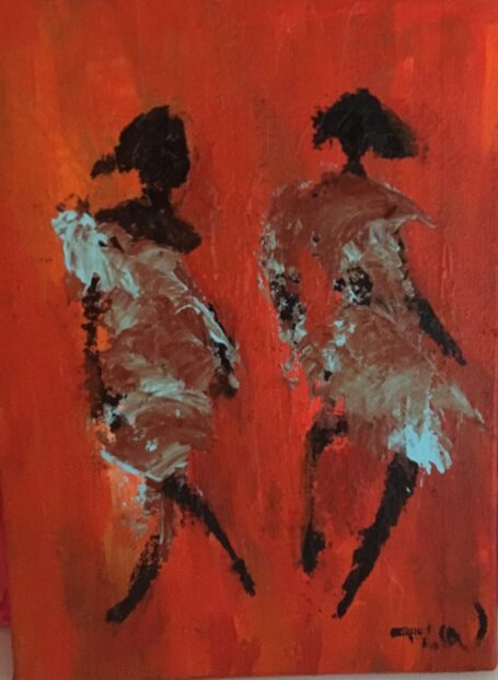 Veninder Lille dansemaleri. På en farverig rød baggrund ses to dansende kvinder i lyseblå kjoler. Jeg har kaldt maleriet Veninder. Det måler 25 x 18 cm