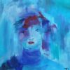 Portræt i blå farver af kvinde med hat