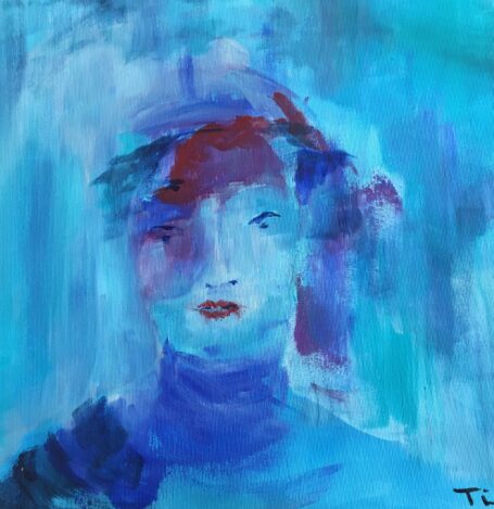 Portræt i blå farver af kvinde med hat
