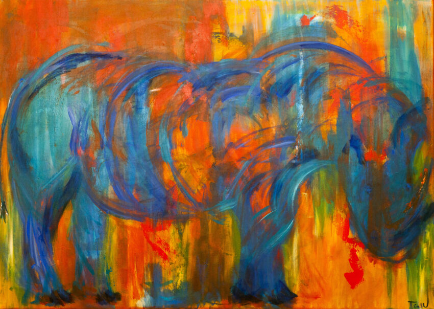 Næsehorn ved daggry Køb malerier af dyr - her et næsehorn hos galleri Weppler. De er abstrakte og med masser af farvespil.