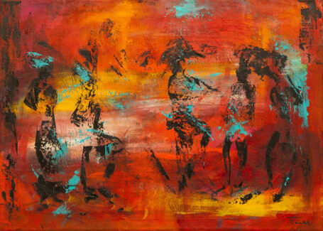 Et drømmesyn Abstrakt maleri i varme farver, som er inspireret af besøg i Gambia