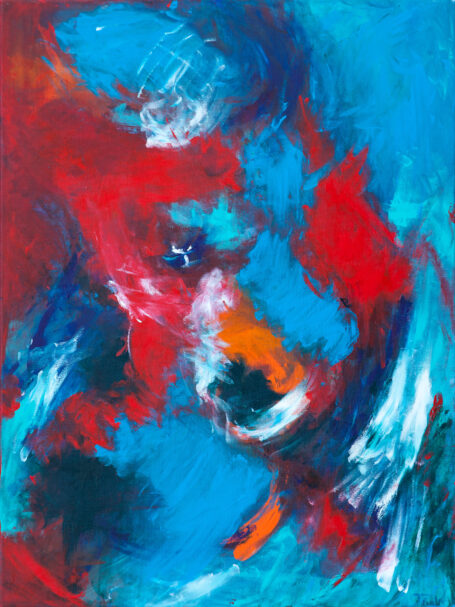 Malerier fra det kolde Nord hvor blå og røde farver mødes og danner motiver - måske en isbjørn, der titter frem i varme og kulde