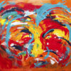 Abstrakte dyremalerier i klare glade farver. Jeg ser en rød tiger, hvor de gule øjne kigger på en.