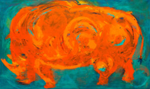 Store abstrakte farverige malerier. Malerier af dyr fange dyrets sjæl. Her et næsehorn i varme og glade farver. Dette kæmpe store maleri er et abstrakt næsehorn. Jeg kalder Ursula.