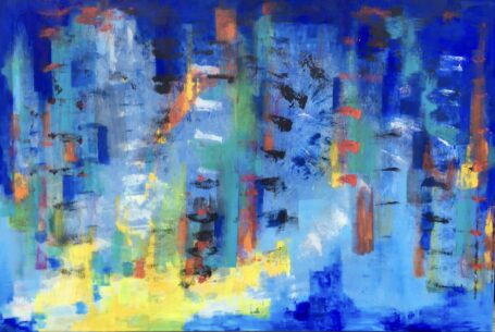 New York blå Abstrakt storbymaleri i blå nuancer. Maleriet er inspireret af Chinatown i New York og du fornemmer lysspil og energi i storbyen.