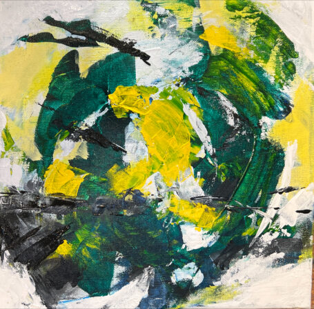 Ud i det grønne Lille abstrakt grønt maleri med gul, sort og hvid, hvor man selv må digte detaljerne
