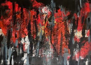 Abstrakt maleri med masser af tekstur og stoflighed i rød, sort og hvide farver - og guld. Jeg ser et gyldent træ i baggrunden